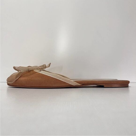 Sundance Karina Suede Mules Flats Slip On Gauze Sheer Bow Camel Tan 38 8 NEW - Picture 4 of 8